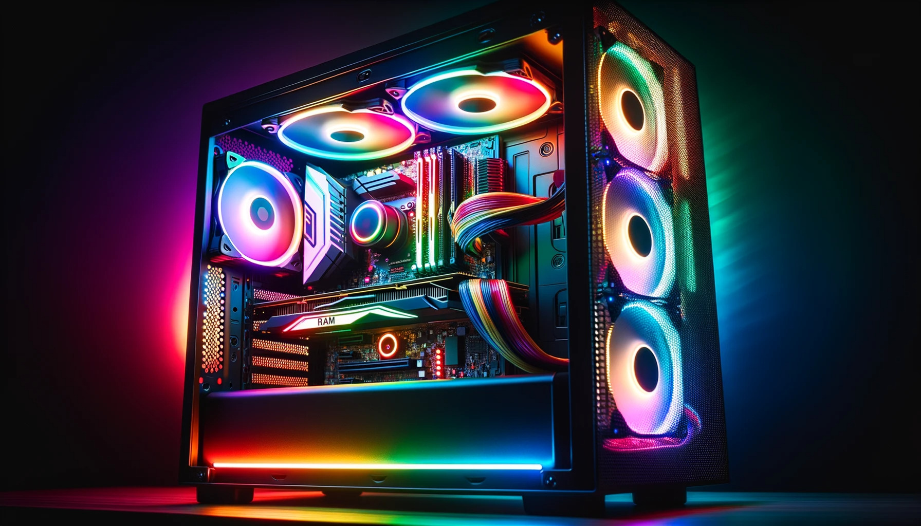 DALL·E 2023-10-17 21.23.24 - Photo of a modern gaming PC tower with vibrant RGB lighting, prominently showcasing illuminated components such as the RAM sticks, cooling fans, and g