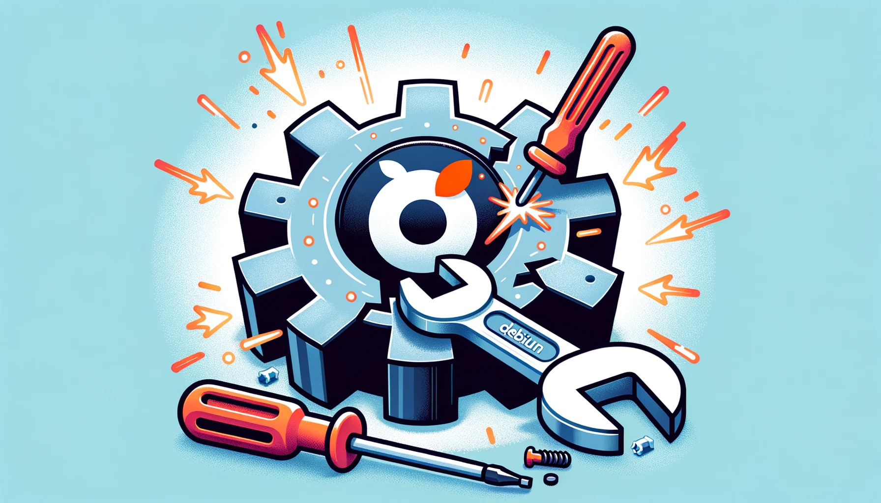 DALL·E-3 Illustration of a Plesk logo and Debian logo inside a broken cogwheel, symbolizing a challenging integration. Sparks fly out from the cogwheel, and a wrench and screwdriver are placed next to it, representing the tools used to fix the issues.