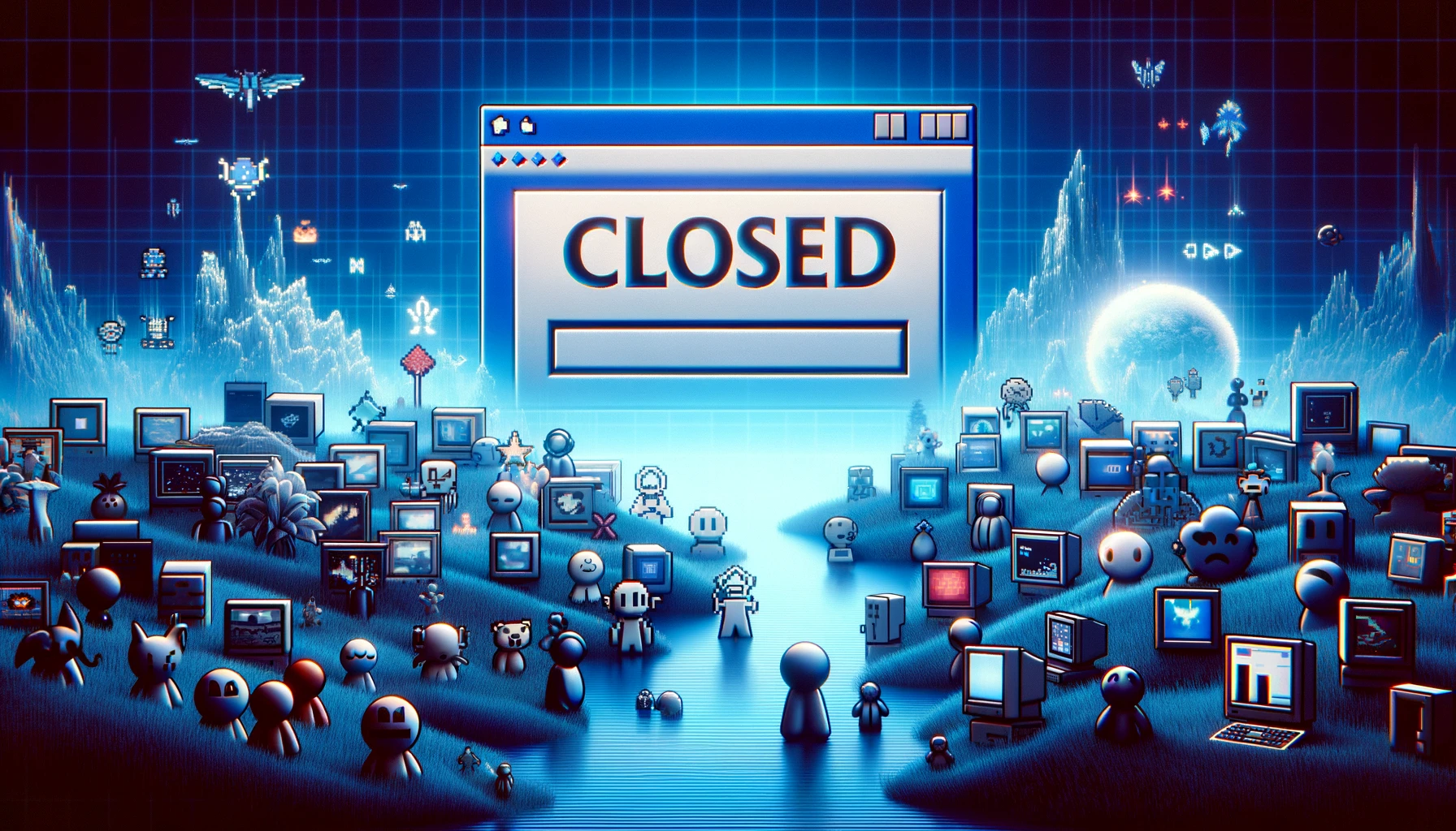 DALL-E 2024 - A digital landscape featuring an array of classic browser game icons, like small pixelated characters and simple graphical user interfaces, fading into the background. The foreground shows a symbolic 'closed' sign hanging over a representation of a computer screen, which once displayed vibrant online worlds. This scene should embody the transition from the golden age of browser games to their decline, evoking a sense of nostalgia and closure. The atmosphere should be serene yet somber, highlighting the end of an era in online gaming. The image should be in a 16:9 format, suitable for use as a blog post header or a widescreen display.