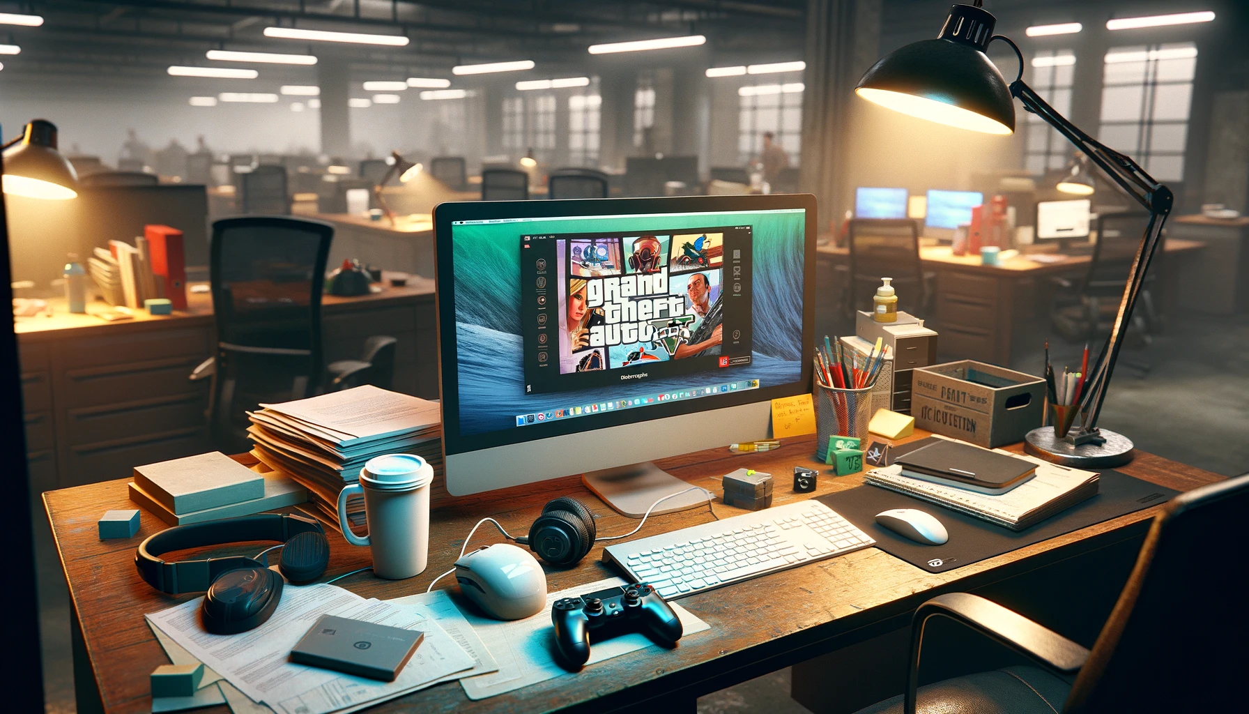 Dall-E 2024 - A scene depicting a desk in an office environment, featuring typical work items such as a computer, keyboard, mouse, a stack of papers, and a coffee cup. On the computer screen, instead of a work document or application, the homepage of "GTA 6" is displayed, glowing invitingly. Next to the computer, a gaming headset and a controller are placed, suggesting the desk owner is ready to dive into the game at any moment. In the background, blurry to focus on the desk, empty office chairs and desks suggest a deserted, almost ghostly work environment. The scene is illuminated by the warm light of a desk lamp, creating a cozy yet contrasting atmosphere to the cool, functional office setting. The image conveys excitement for gaming juxtaposed with a sense of abandonment in the workplace, highlighting the tension between professional duties and personal passions.