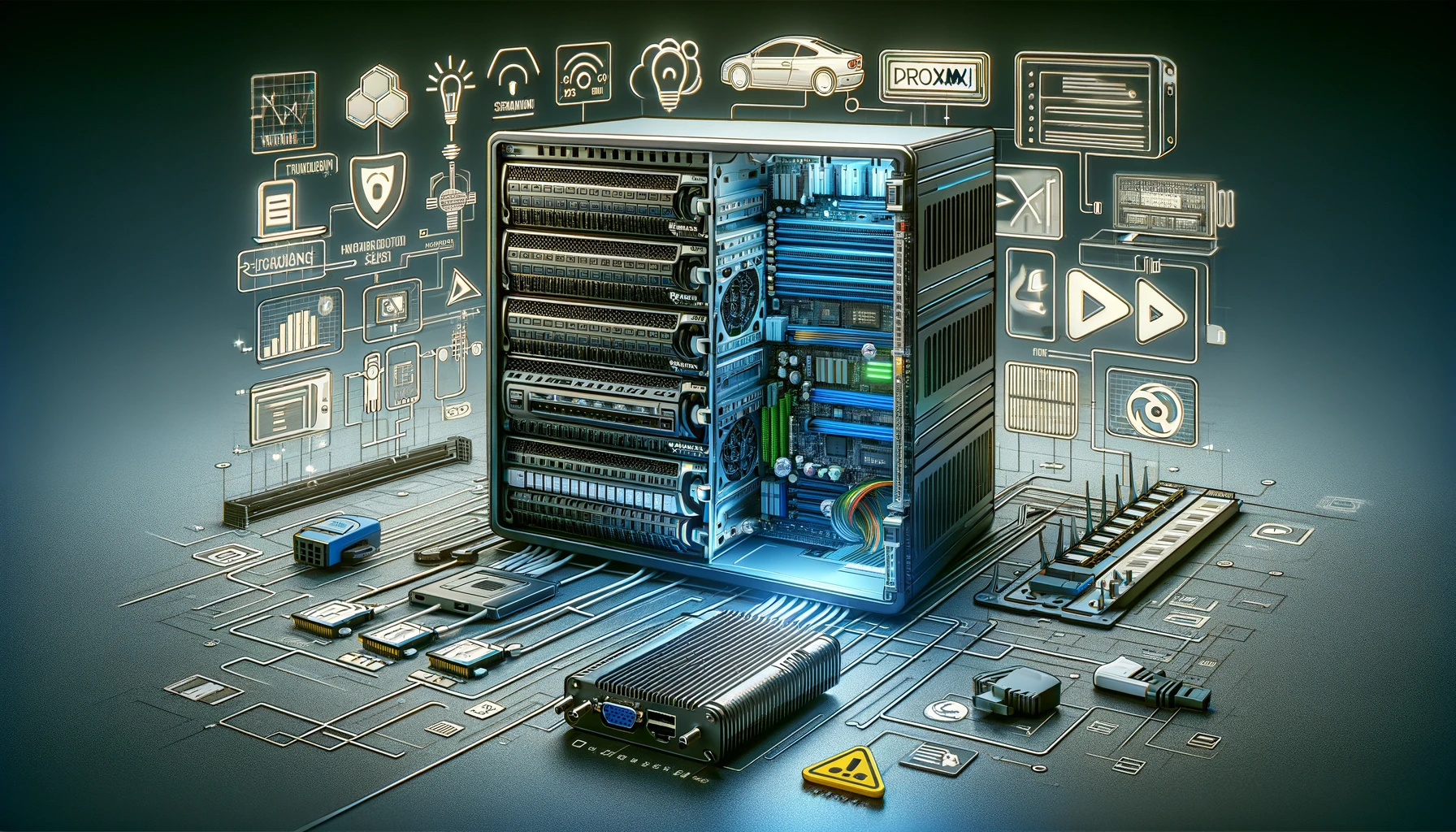 DALL-E 2024 - A detailed image showcasing a modern server tower with its components visible. The server is open, revealing parts like RAM sticks, a processor, a RAID controller, and a power supply. A VGA to HDMI adapter is placed next to the server. In the background, there are streaming symbols like a play button and video icons, as well as logos of virtualization software like Proxmox and ESXI. A thought line connects these components and software solutions. In one corner, there's a car symbol with a speed camera symbol next to it, indicating the anecdote about the car sharing and speeding ticket. Technical diagrams and symbols are overlaid on the image to highlight the complexity and technical challenges of the project.