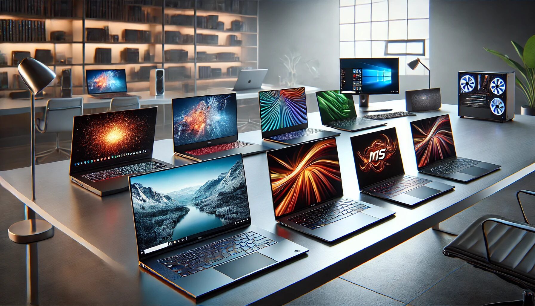 DALLE - 2024 - A modern workspace with a range of high-end laptops displayed on a sleek desk. Featured laptops include a Dell XPS, Apple MacBook Pro, Lenovo ThinkPad, Acer Swift, ASUS ROG Zephyrus, and MSI Prestige. The background includes a minimalist office setting with a large window letting in natural light. The Dell XPS is shown with a thermal problem, visibly overheating. The other laptops are shown with their screens displaying vibrant, high-resolution images. A focus on the Dell XPS and MacBook Pro, highlighting their design and build quality. The scene should be clean, professional, and tech-focused.