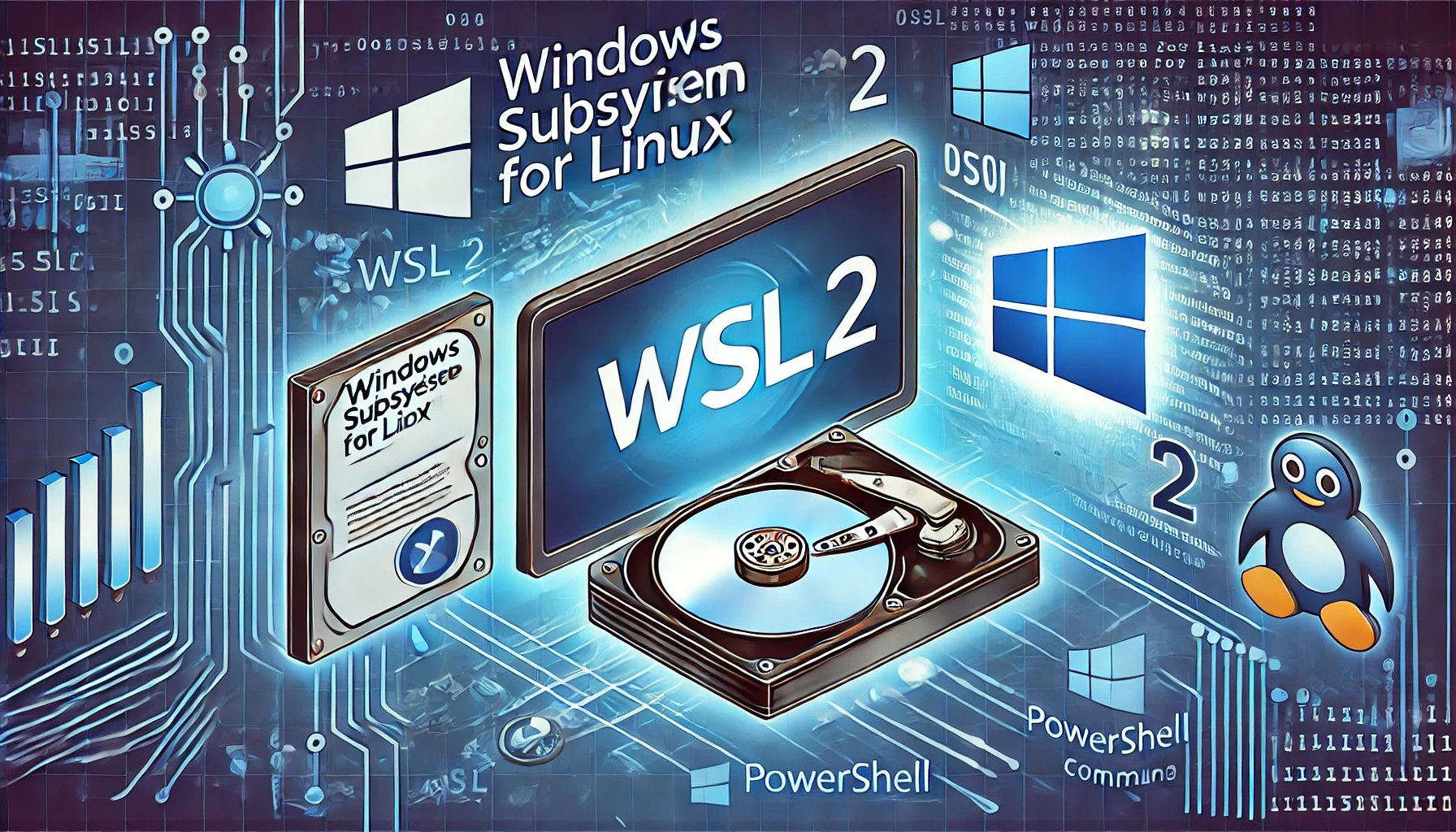 DALL-E 2024 - An illustration depicting the Windows Subsystem for Linux (WSL) 2 icon on a computer screen, with various elements representing data compression and optimization. The image should include elements like a large hard drive shrinking in size, PowerShell command lines, and the WSL logo. A tech-savvy environment with a focus on efficiency and storage management should be conveyed.