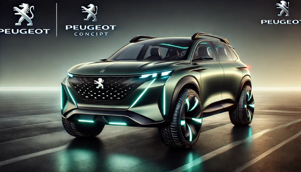DALL-E 2025 - A futuristic electric SUV concept car inspired by Peugeot and the Halo universe, now with a more realistic and road-friendly design suitable for modern German streets. The vehicle features a sleek yet aerodynamic SUV body, softened curves, and a Pelican green finish inspired by the Halo franchise. The front showcases Peugeot's signature grille with integrated LED accents, while dynamic lighting elements add a futuristic but practical touch. The elevated stance and robust yet elegant lines emphasize both off-road capability and urban usability. The high-tech cockpit features a refined minimalist interior with digital displays and modern connected systems. The design harmoniously blends Peugeot's signature aesthetics with a grounded, realistic futuristic concept.