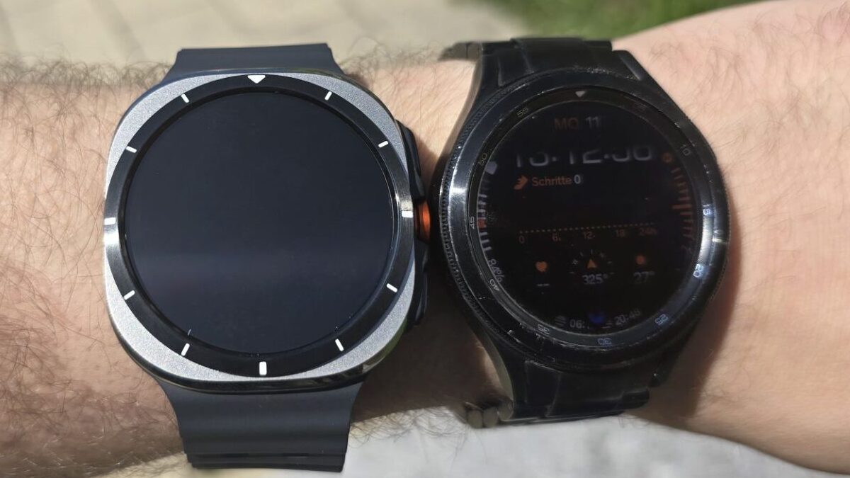 Die Samsung Galaxy Watch Ultra an meinem Handgelenk sind sichtbar unterschiedlich.